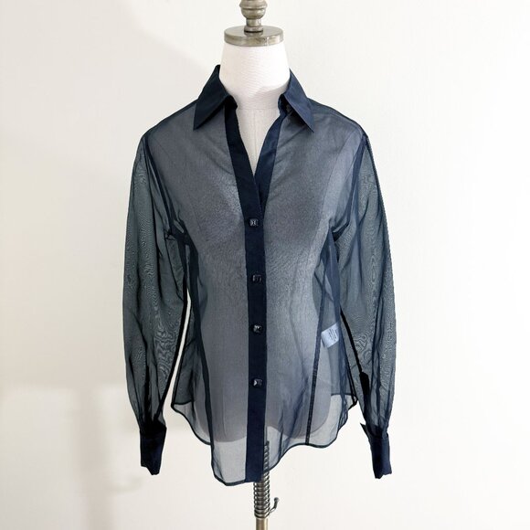 NWT Vintage 90s Casual Corner Black Sheer Mesh Button Down Top Sz 8 Long Sleeve - Picture 1 of 7